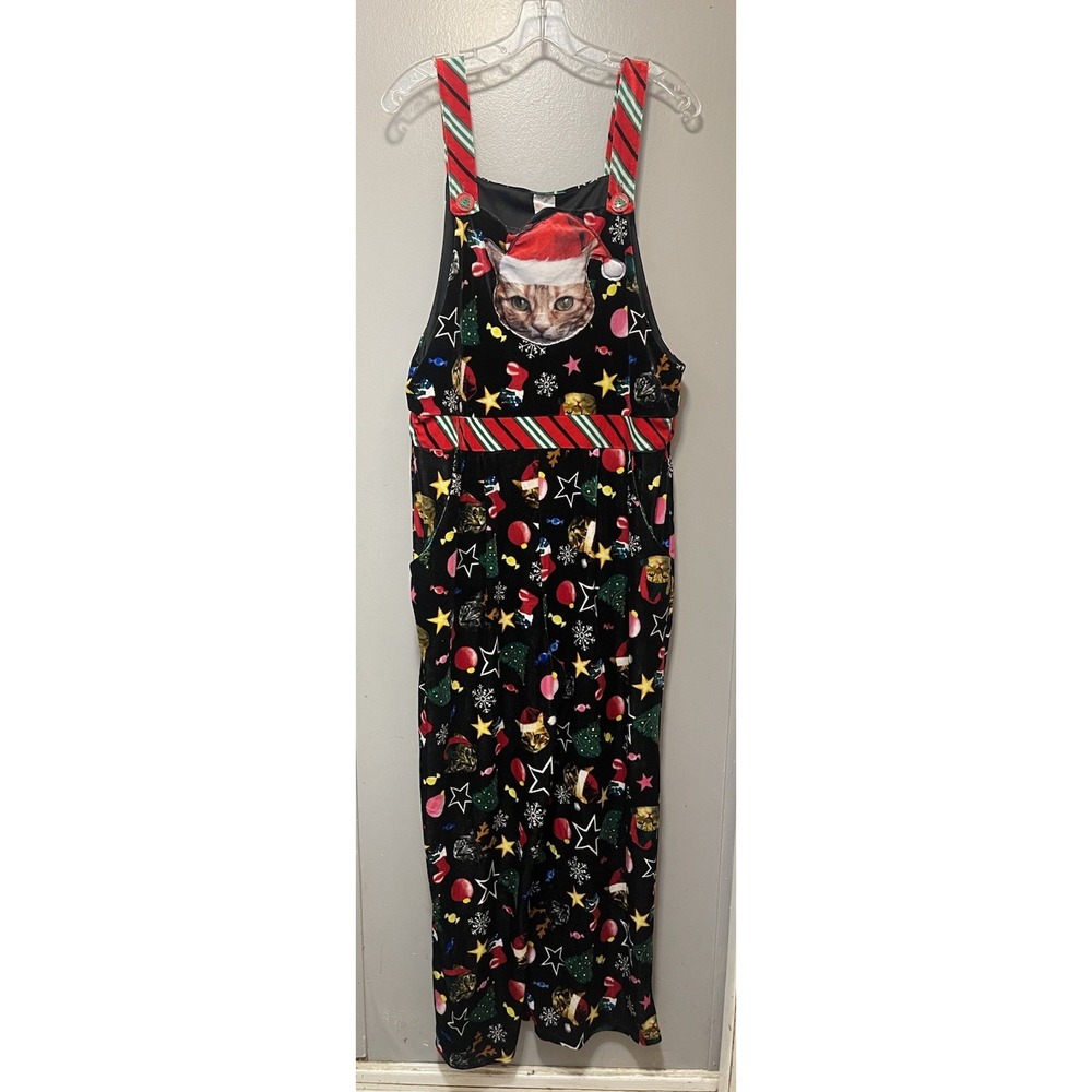 "Santa Cat" Velour Jumpsuit Junior Xl 15–17 3-D Graphic Cat On Bib, Wide Legs